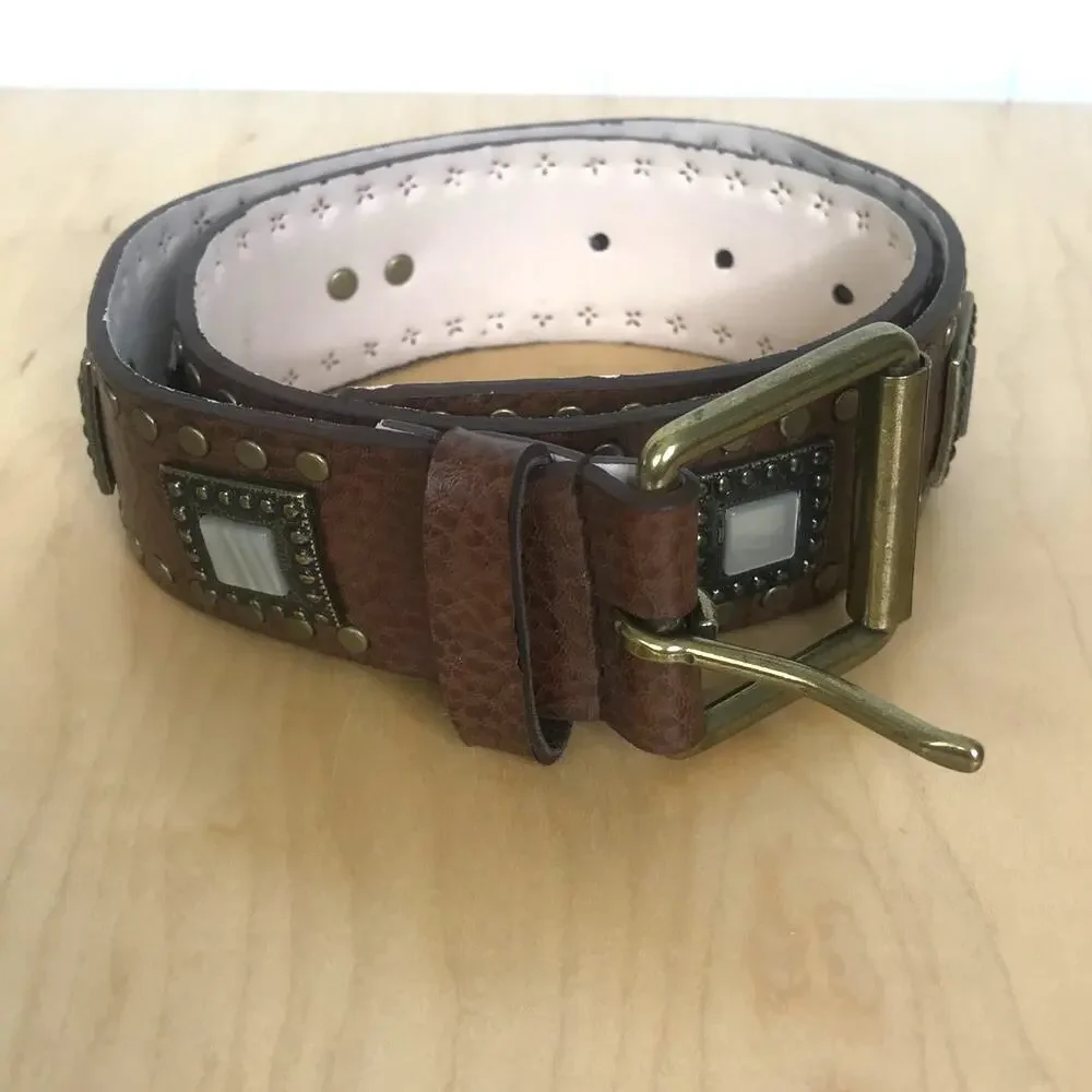 Unknown Leather Belt SZ S Studded with‎ Metal and Stone Detailing